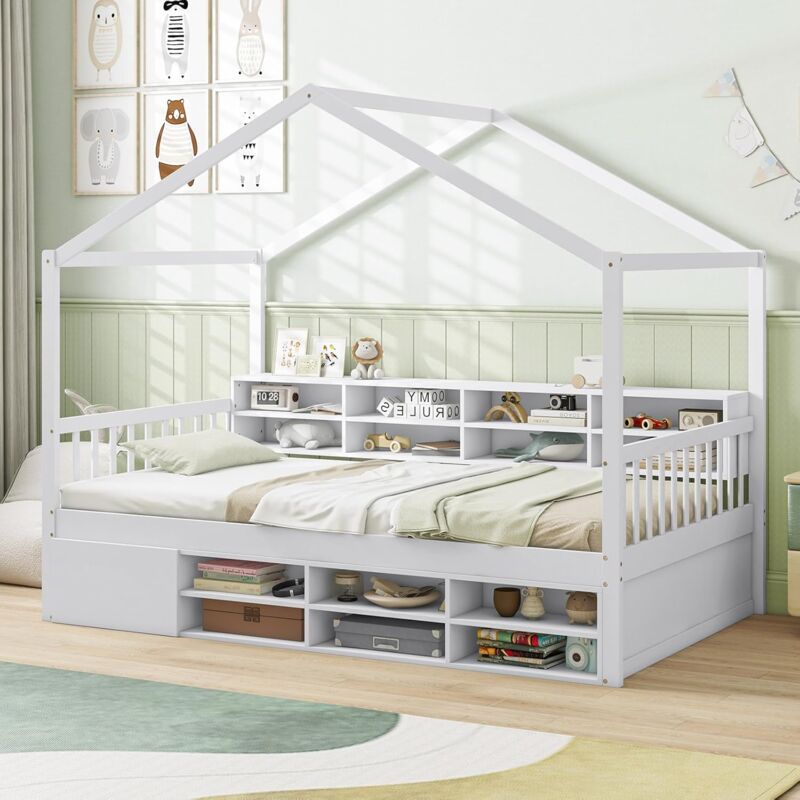 foto del prodotto costway letto a castello con tetto, letto singolo per bambini con struttura in legno 14 cubi di stoccaggio e un armadio, struttura letto 100x190