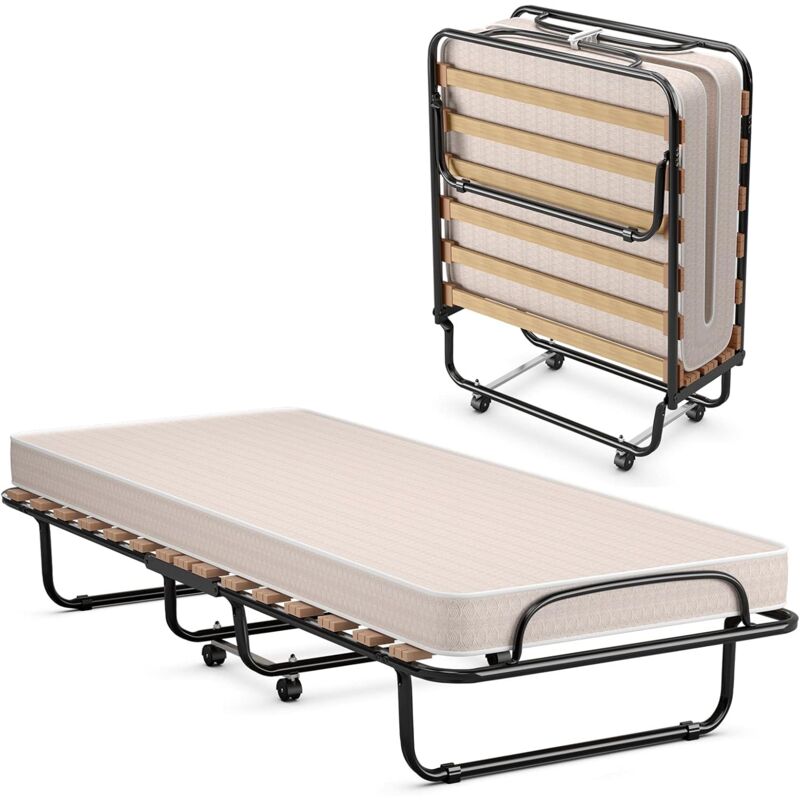 foto del prodotto costway letto brandina pieghevole, con materasso in memory foam, struttura resistente e 4 ruote girevoli, lettino pieghevole per casa ufficio,