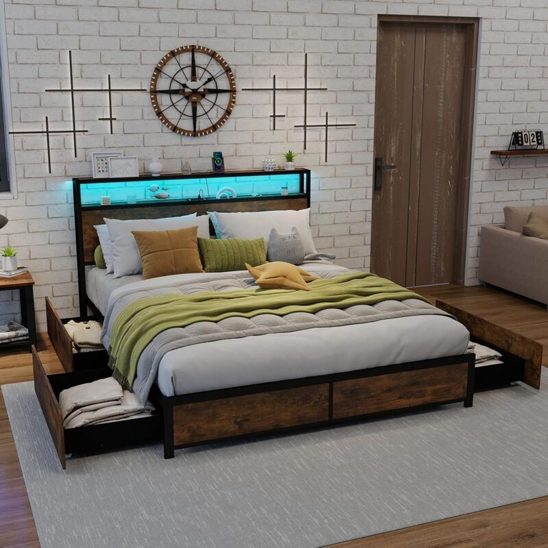 foto del prodotto costway letto con 4 cassetti e testiera, struttura letto 200x160 cm con luci led regolabile e presa multipla, carico massimo 300kg, silenzioso
