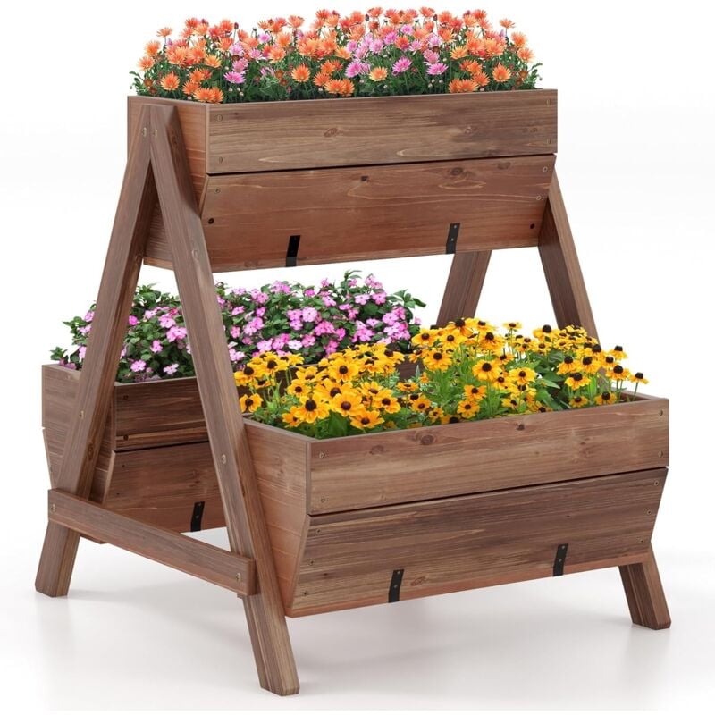 foto del prodotto costway letto da giardino rialzato verticale con 3 fioriere in legno e fori di drenaggio, fioriera a scala per frutta, verdura e fiore, aiuola per