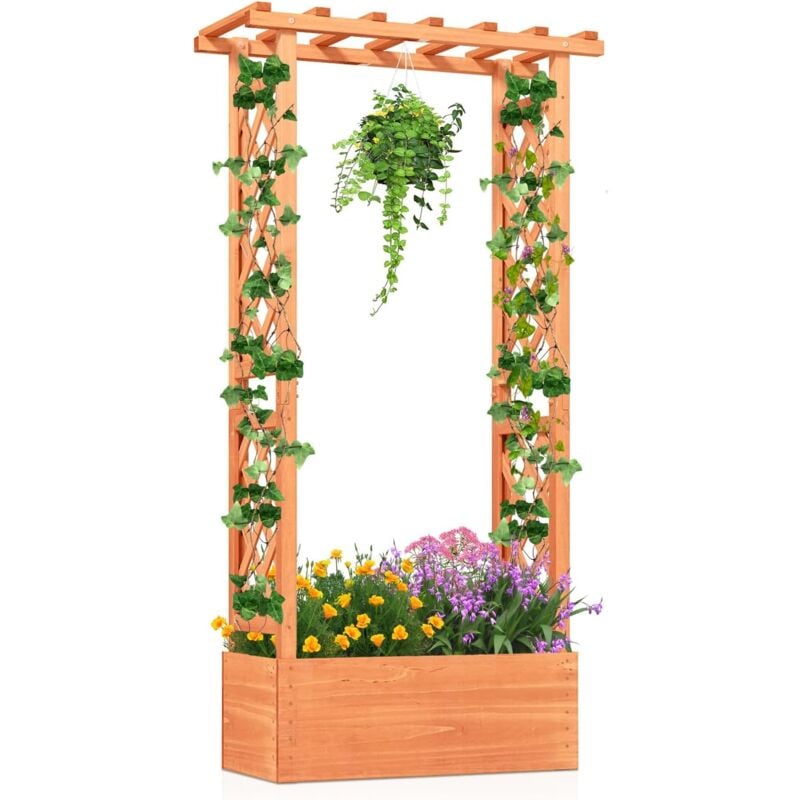 foto del prodotto costway letto da giardino sollevato con traliccio, fioriera in legno con tetto pendente, fori di drenaggio per piante rampicanti, fiori e verdure,