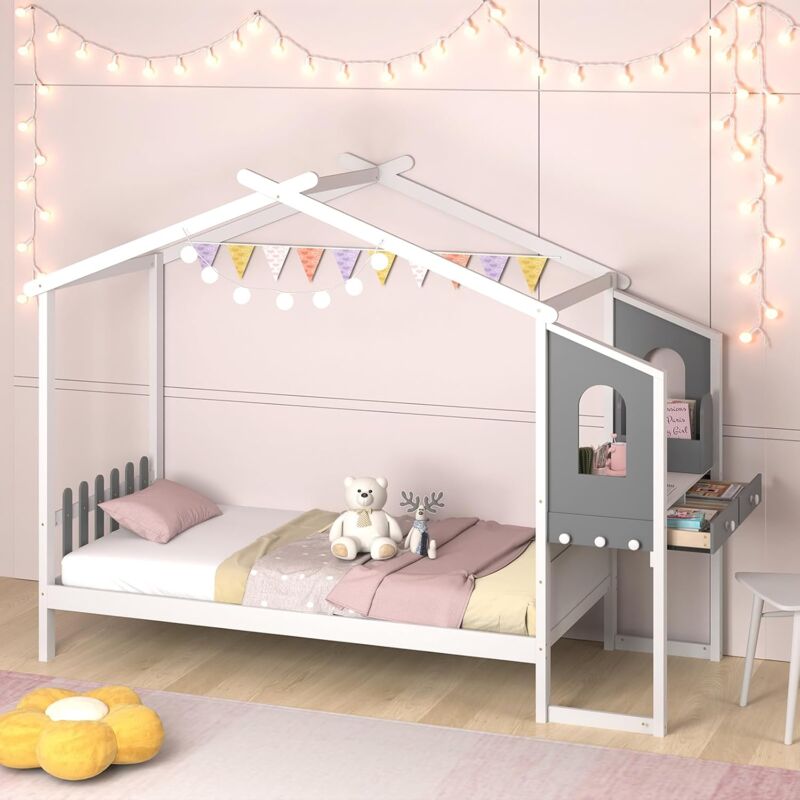 foto del prodotto costway letto matrimoniale singolo con scrivania, letto piattaforma in legno con testiera a staccionata ganci e cassetti, 200x140 200x90 cm, carico