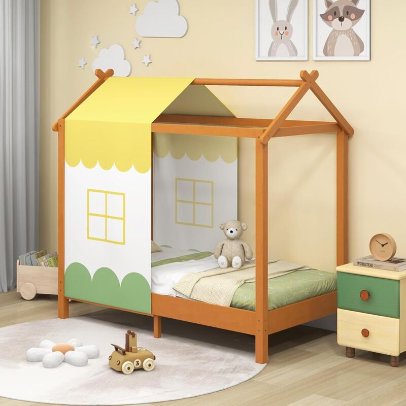 foto del prodotto costway letto per bambini con tetto, letto con tendina rimovibile e 12 doghe in legno massello, letto struttura per bambini 1 6 anni, 152x82x150