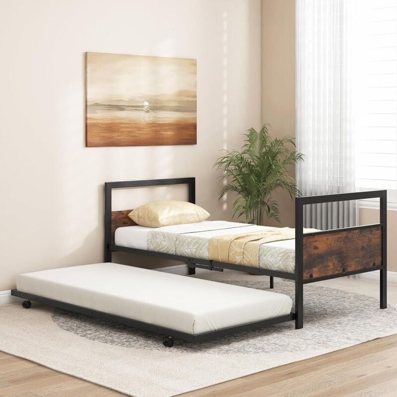 foto del prodotto costway letto singolo 90 x 200 cm, struttura letto estraibile con ruote testiera e pediera, gambe pieghevoli e supporto a doghe in metallo, telaio