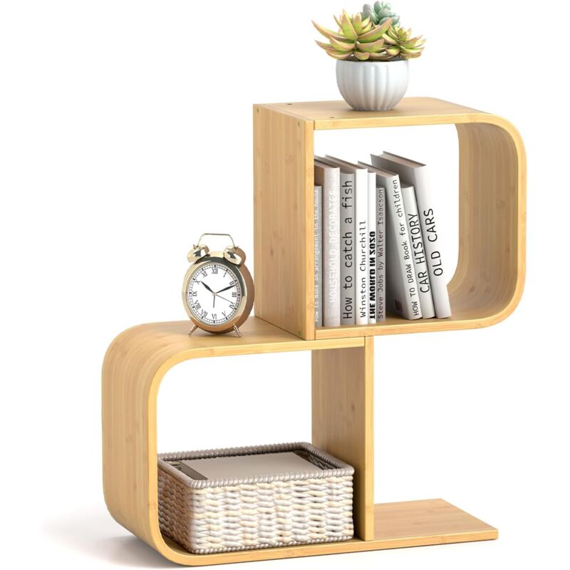 foto del prodotto costway libreria a 2 cubi forma di s, libreria bassa scaffale in bamboo, libreria design moderna salvaspazio piccola da terra, per soggiorno,