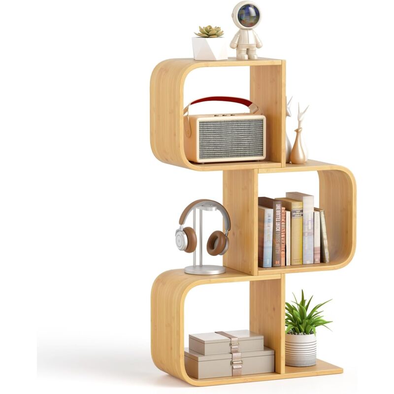 foto del prodotto costway libreria a 3 cubi forma di s, libreria bassa scaffale in bamboo, libreria design moderna salvaspazio piccola da terra, per soggiorno,