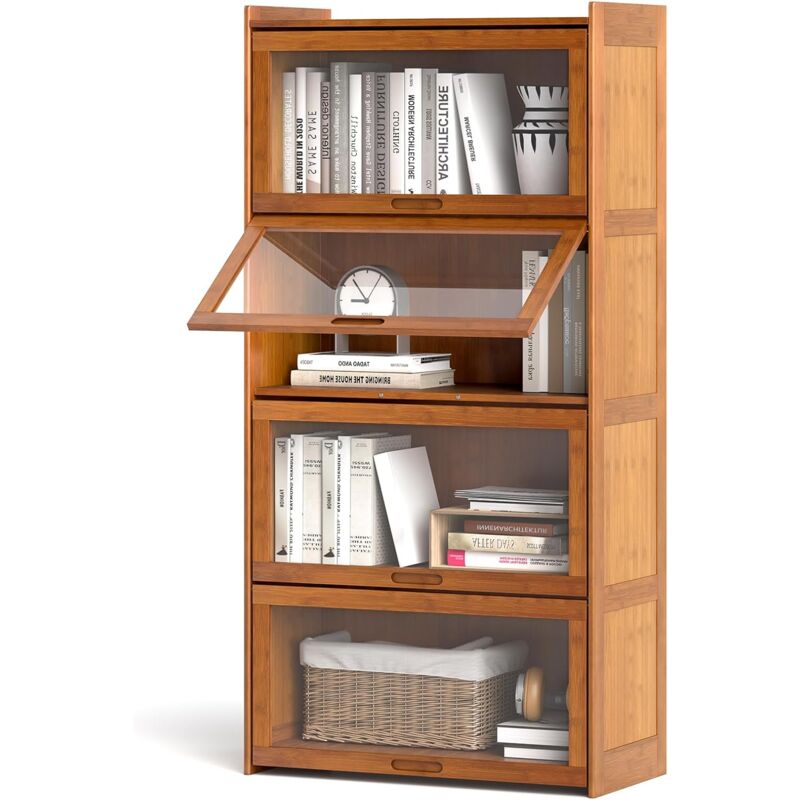foto del prodotto costway libreria a 4 ripiani con ante, libreria in bamb con ante in acrilico trasparente, mobile autoportante per studio soggiorno camera da