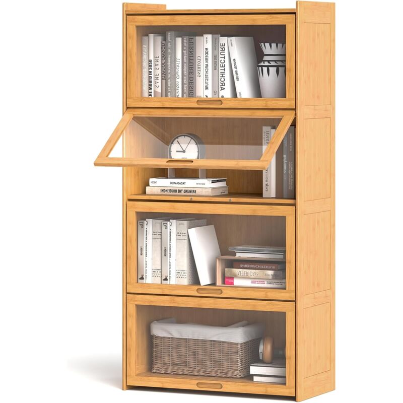 foto del prodotto costway libreria a 4 ripiani con ante, libreria in bamb con ante in acrilico trasparente, mobile autoportante per studio soggiorno camera da