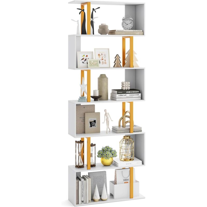 foto del prodotto costway libreria a 6 livelli in legno, scaffale con struttura in metallo, forma di s, librerie salvaspazio divisorio per soggiorno ufficio e