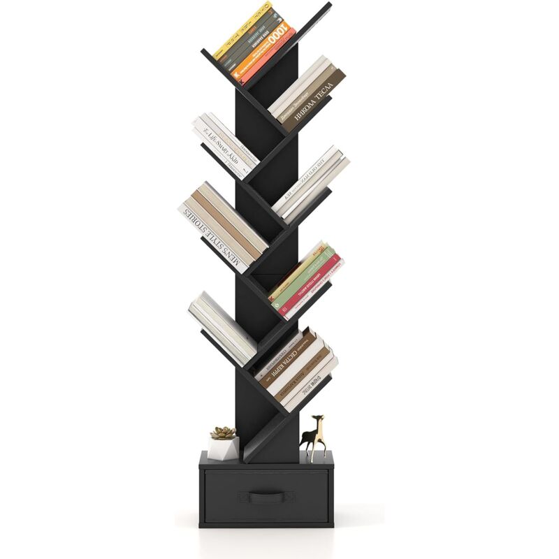 foto del prodotto costway libreria ad albero in legno, scaffale a 10 ripiani con cassetto, portaoggetti autoportante per soggiorno, studio e ufficio, 38 x 21,5 x