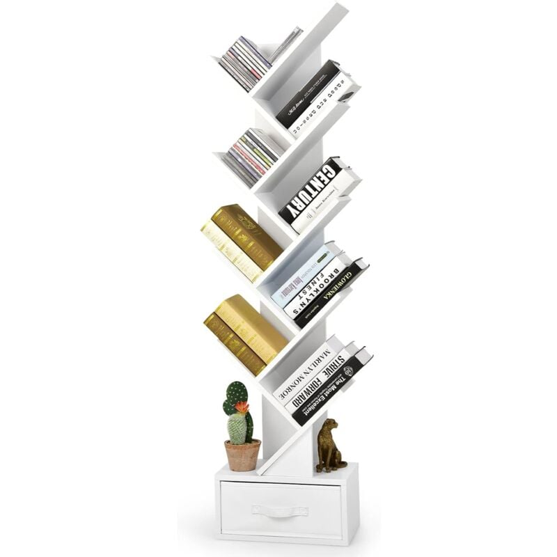 foto del prodotto costway libreria ad albero in legno, scaffale a 10 ripiani con cassetto, portaoggetti autoportante per soggiorno, studio e ufficio, 38 x 21,5 x