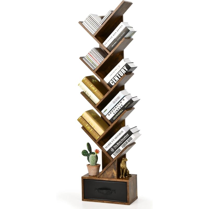 foto del prodotto costway libreria ad albero in legno, scaffale a 10 ripiani con cassetto, portaoggetti autoportante per soggiorno, studio e ufficio, 38 x 21,5 x