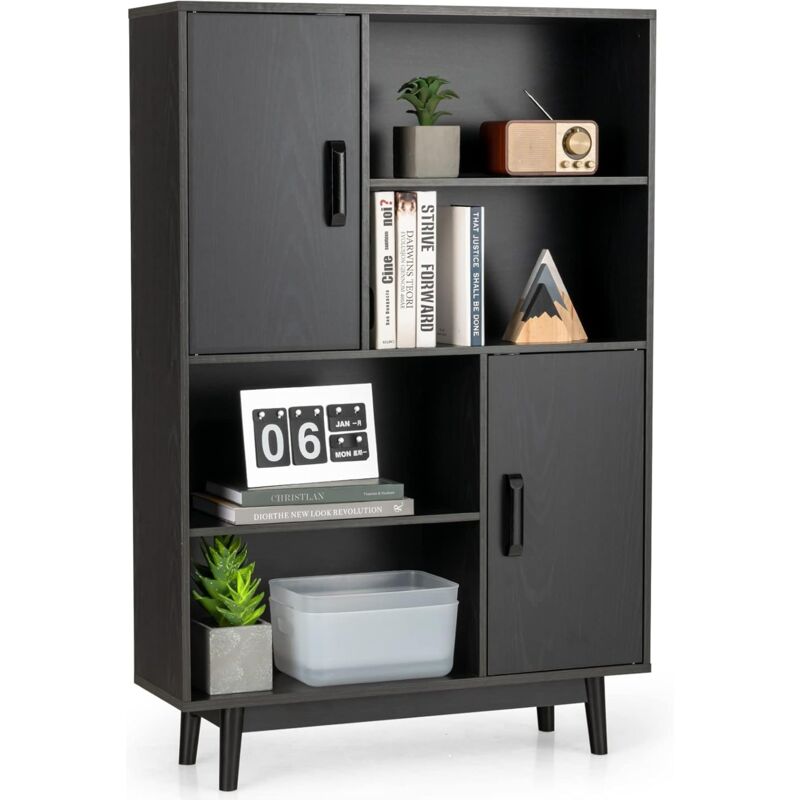 foto del prodotto costway libreria di legno a 4 livelli, libreria con 2 ante, 4 mensole aperte, gambe in legno di gomma, cuscinetti antigraffio e dispositivo