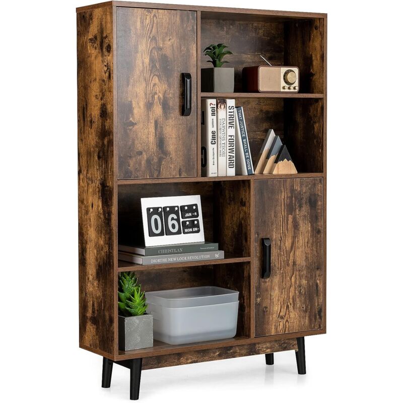 foto del prodotto costway libreria di legno a 4 livelli, libreria con 2 ante, 4 mensole aperte, gambe in legno di gomma, cuscinetti antigraffio e dispositivo