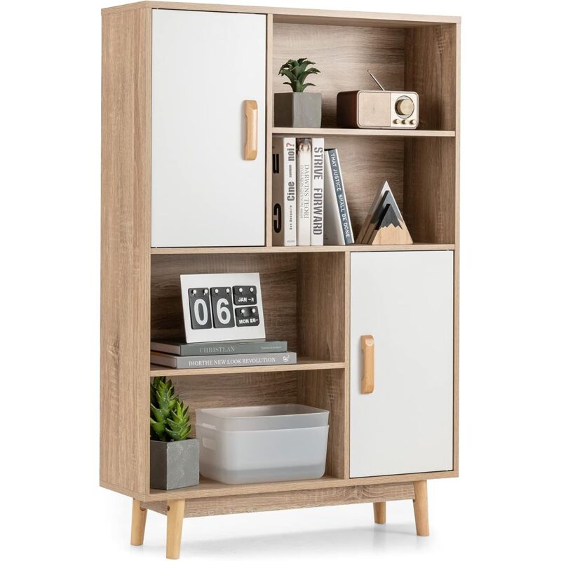 foto del prodotto costway libreria di legno a 4 livelli, libreria con 2 ante, 4 mensole aperte, gambe in legno di gomma, cuscinetti antigraffio e dispositivo