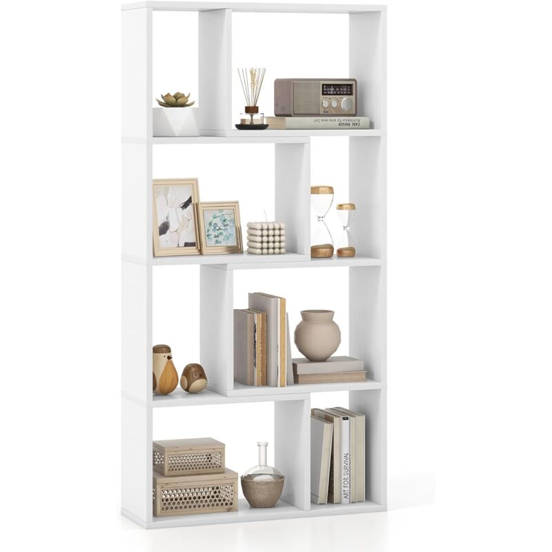 foto del prodotto costway libreria geometrica a 4 ripiani, organizzatore moderno con 8 cubi, mensola espositiva a pavimento, mobile di stoccaggio in legno per
