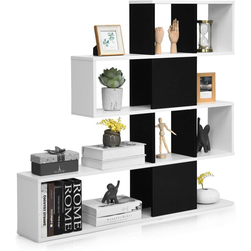 foto del prodotto costway libreria in legno, 5 livelli con ante, scaffale multifunzionale a forma di scala, ideale per soggiorno studio ufficio, 120x19,5x109cm nero