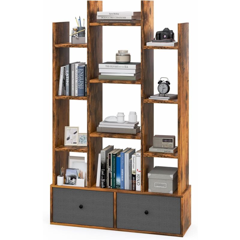 foto del prodotto costway libreria in legno a 12 piani, scaffale multifunzionale con 2 cassetti e 12 scomparti, scaffale espositivo per soggiorno studio ufficio,