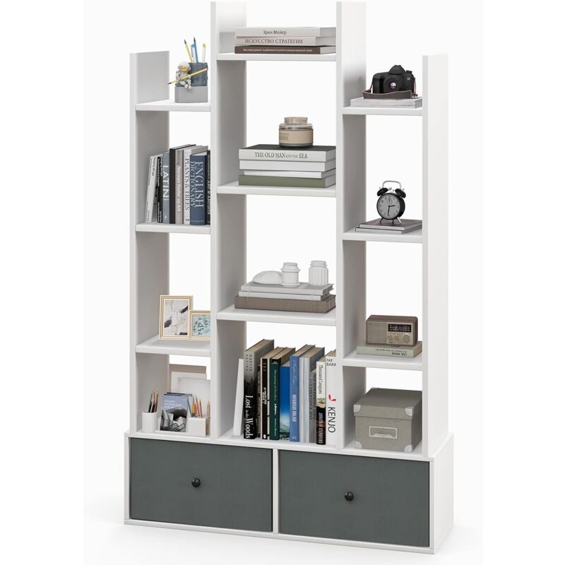 foto del prodotto costway libreria in legno a 12 piani, scaffale multifunzionale con 2 cassetti e 12 scomparti, scaffale espositivo per soggiorno studio ufficio,