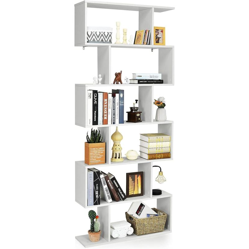foto del prodotto costway libreria in legno scaffale multifunzionale a 6 ripiani per piante e libri per ufficio casa ripiano a forma di s, 80 x 23 x 192 cm bianco 