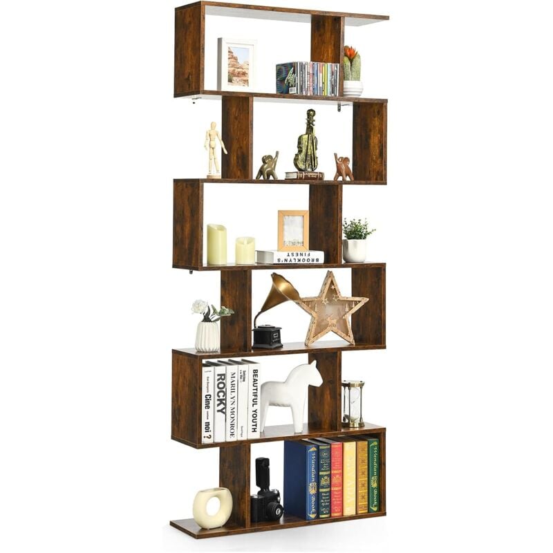 foto del prodotto costway libreria in legno scaffale multifunzionale a 6 ripiani per piante e libri per ufficio casa ripiano a forma di s, 80 x 23 x 192 cm caff 