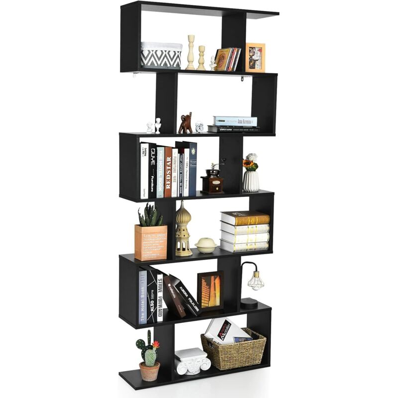 foto del prodotto costway libreria in legno scaffale multifunzionale a 6 ripiani per piante e libri per ufficio casa ripiano a forma di s, 80 x 23 x 192 cm nero 