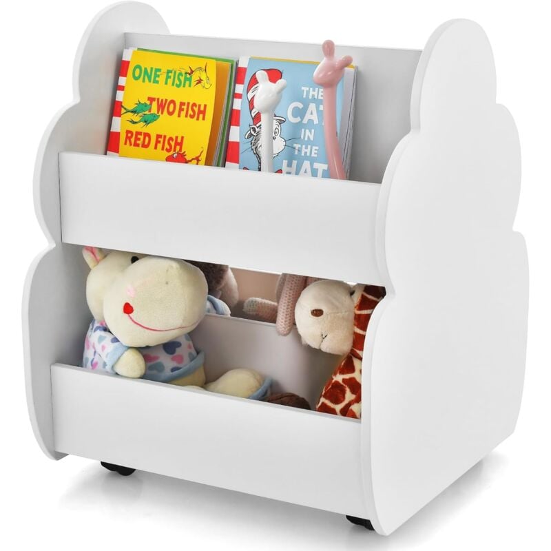 foto del prodotto costway libreria per bambini con ruote, libreria bimbi a 2 livelli con angoli arrotondati, scaffale porta libri bambini da cameretta asilo nido