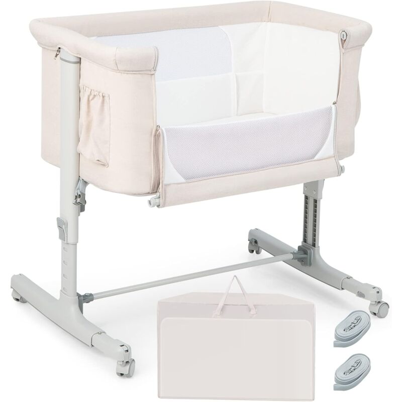 foto del prodotto costway lit cododo b b 3 en 1 avec hauteur r glable 5 niveaux, lit berceau inclinaison de 10 avec matelas confortable,maille respirante,charge