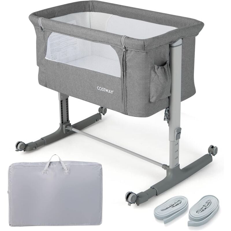 foto del prodotto costway lit cododo b b 3 en 1 avec hauteur r glable 5 niveaux, lit berceau inclinaison de 10 avec matelas confortable,maille respirante,charge