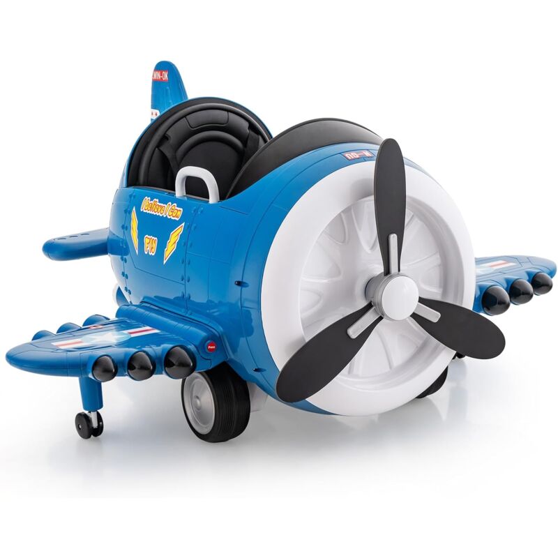 foto del prodotto costway macchina elettrica a forma di aereo per bambini, aeroplano elettrico cavalcabile con telecomando alare pieghevole e elica rotante,