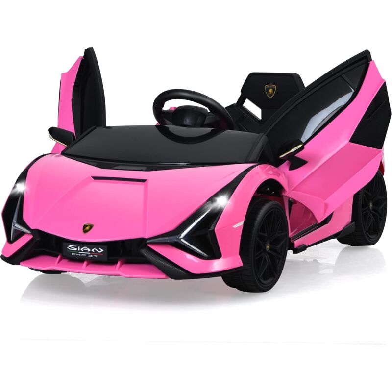 foto del prodotto costway macchina elettrica lamborghini per bambini da 12v, veicolo elettrico cavalcabile con luci led mp3 telecomando, fino a 5km h, 3 anni rosa 
