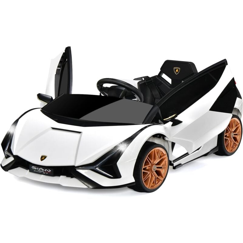 foto del prodotto costway macchina elettrica lamborghini per bambini da 12v, veicolo elettrico con luci led mp3 telecomando, fino a 5km h, 3 anni bianco 