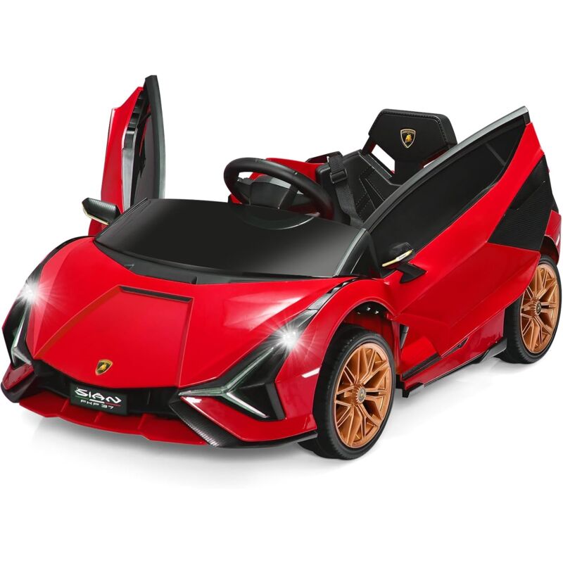 foto del prodotto costway macchina elettrica lamborghini per bambini da 12v, veicolo elettrico con luci led mp3 telecomando, fino a 5km h, 3 anni rosso 