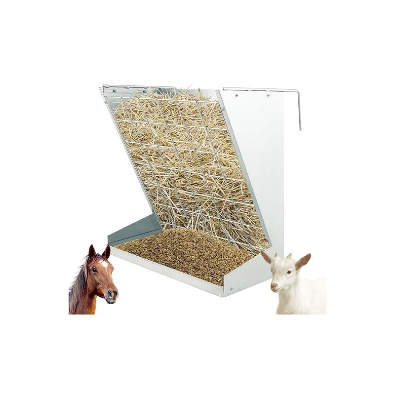 foto del prodotto costway mangime per fieno a parete 83l, mangiatoia 2 in 1 per fieno e cereali in metallo zincato con distanza regolabile, rete a maglia e