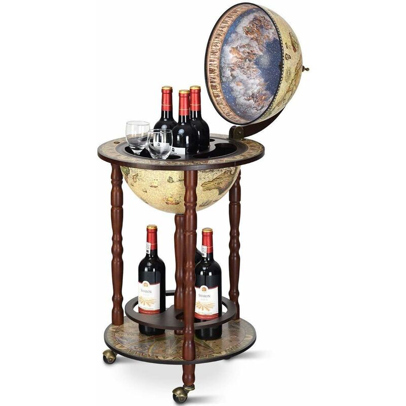foto del prodotto costway mappamondo bar con ruote mobili, porta liquori stile retr beige 45 x 45 x 88cm 
