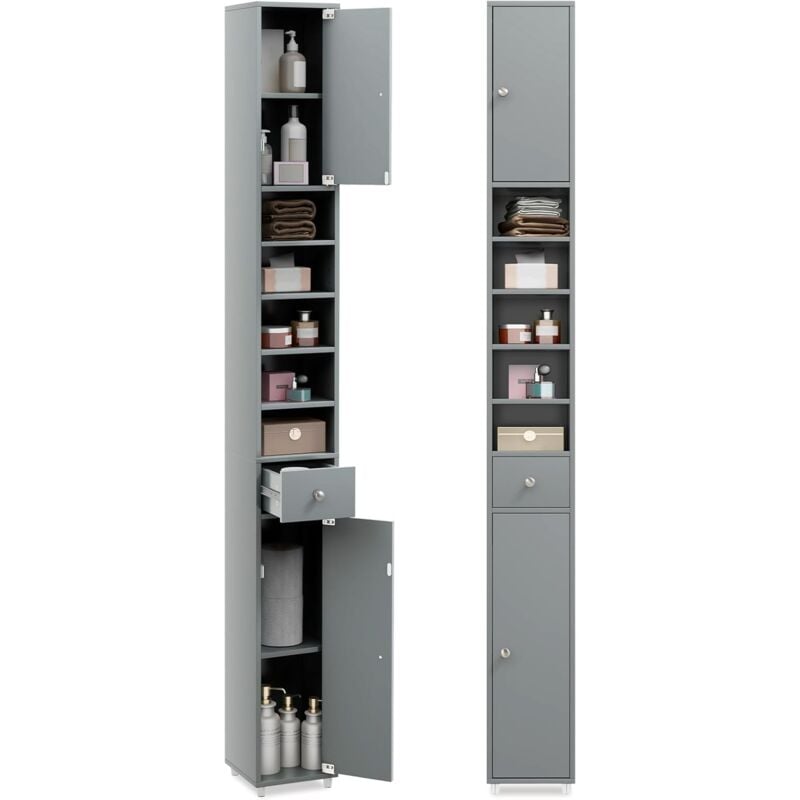 foto del prodotto costway meuble de rangement salle de bain, meuble colonne avec 2 placards porte, 1 tiroir et 5 tag res r glables, armoire de toilette, 20 x 20 x