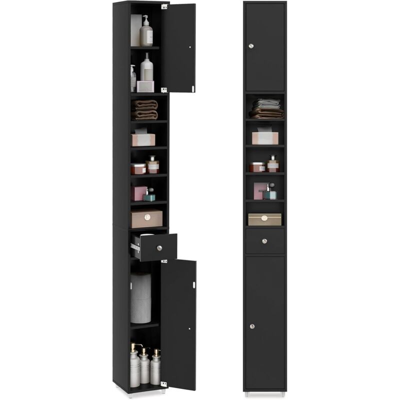 foto del prodotto costway meuble de rangement salle de bain, meuble colonne avec 2 placards porte, 1 tiroir et 5 tag res r glables, armoire de toilette, 20 x 20 x