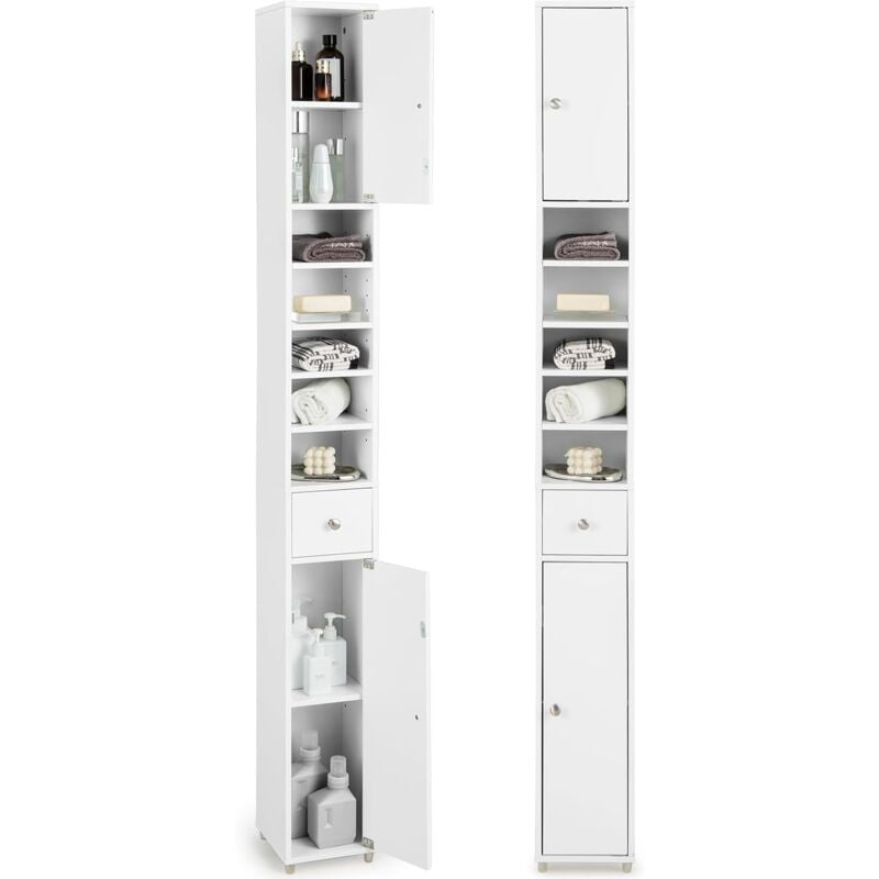 foto del prodotto costway meuble de rangement salle de bain, meuble colonne avec 2 placards porte, 1 tiroir et 5 tag res r glables, armoire de toilette, 20 x 20 x