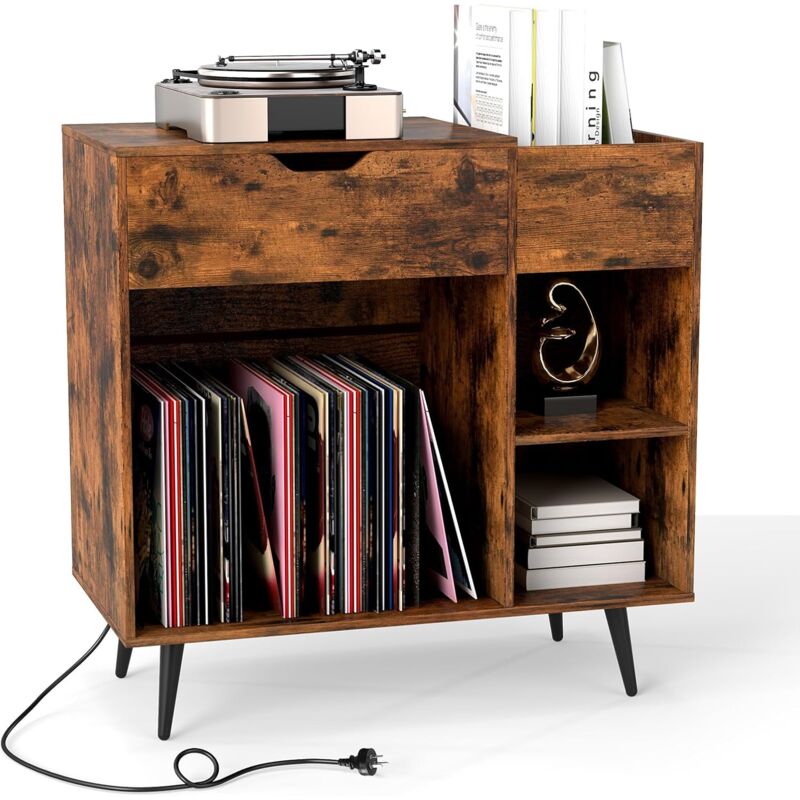 foto del prodotto costway meuble tourne disque vinyle avec prise, armoire commode vinyle avec tiroir, 2 prises, 1 usb, 1 type c, 2 kits anti basculement, buffet