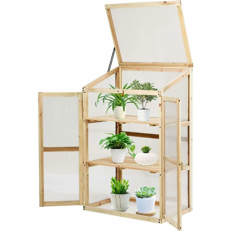 foto del prodotto costway mini serra da giardino a 3 ripiani in legno, serra da esterno e interno per piante e orto con coperchio e ante apribili, mini serra da