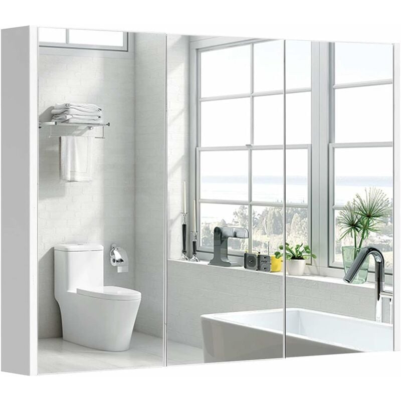 foto del prodotto costway mobile a specchio per bagno armadietto arredo con specchio a parete con 3 ante e 2 ripiani regolabili in altezza, bianco, 90 x 11 x 65 cm