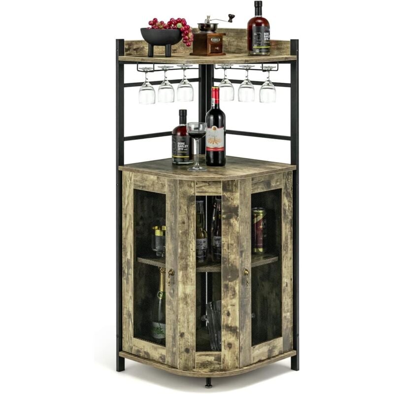 foto del prodotto costway mobile bar angolare, mobiletto multiuso con porta bicchieri, 2 porte ventilate in rete metallica e ripiano regolabile, per cucina, sala da