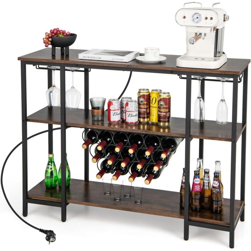 foto del prodotto costway mobile bar vino, portabottiglie industriale con 3 ripiani, porta calici, porte usb e prese, mobile portabottiglie di vino con struttura in
