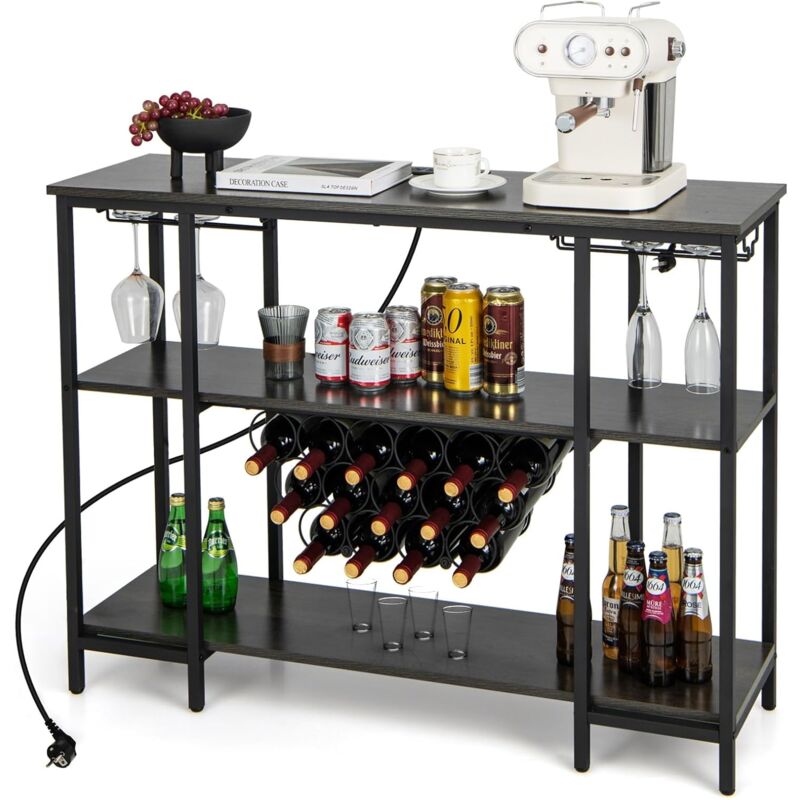 foto del prodotto costway mobile bar vino, portabottiglie industriale con 3 ripiani, porta calici, porte usb e prese, mobile portabottiglie di vino con struttura in