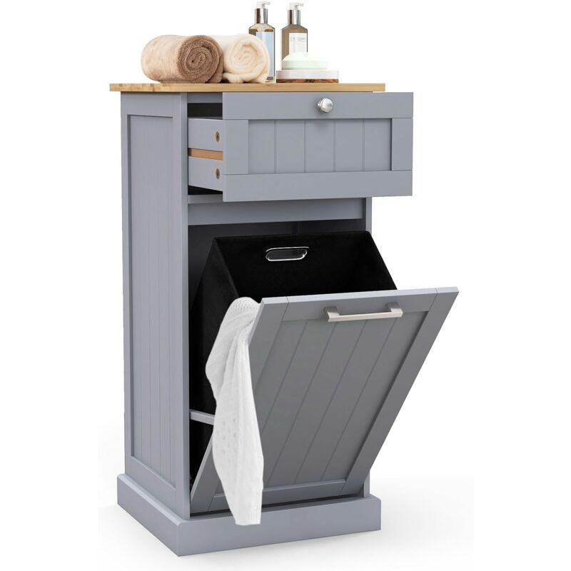 foto del prodotto costway mobile con cesta portabiancheria 40x37x82 cm, cesto per biancheria con cassetto, mobile multiuso da bagno grigio 