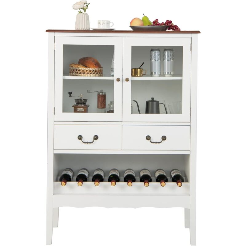 foto del prodotto costway mobile contenitore indipendente, con 2 porte in vetro temperato, 2 cassetti, portabottiglie aperto, stazione bar ad angolo per sala da