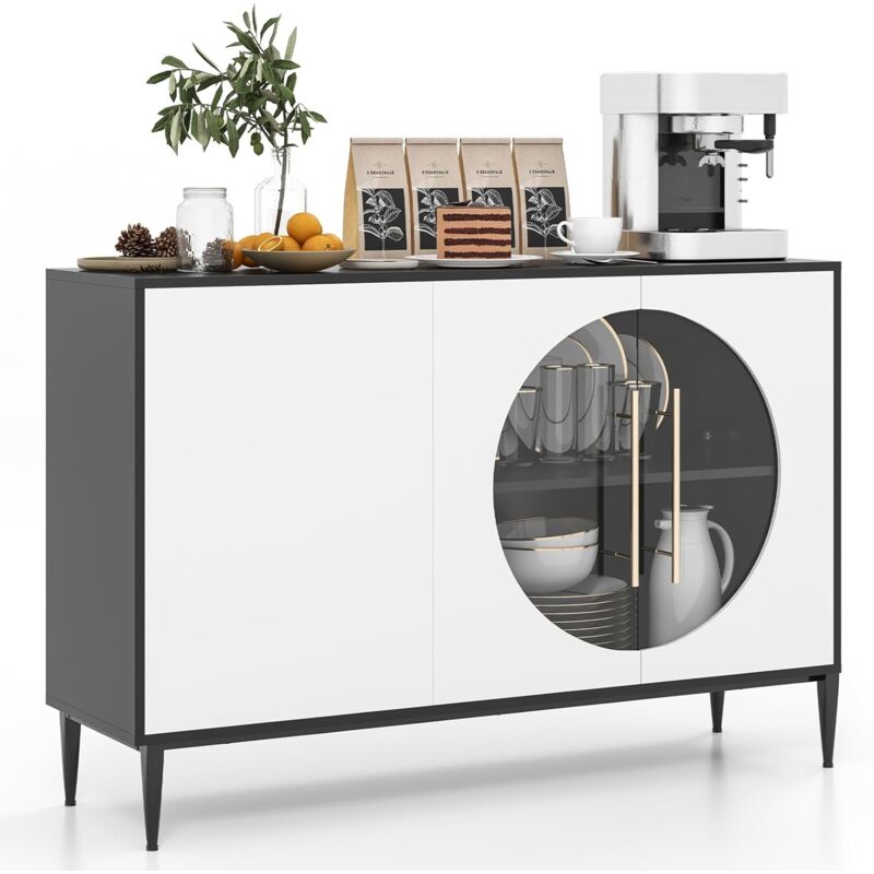foto del prodotto costway mobile credenza, credenza da cucina con 3 ante, anta in vetro temperato e gambe in metallo, per soggiorno, sala da pranzo, cucina, 120 x 35