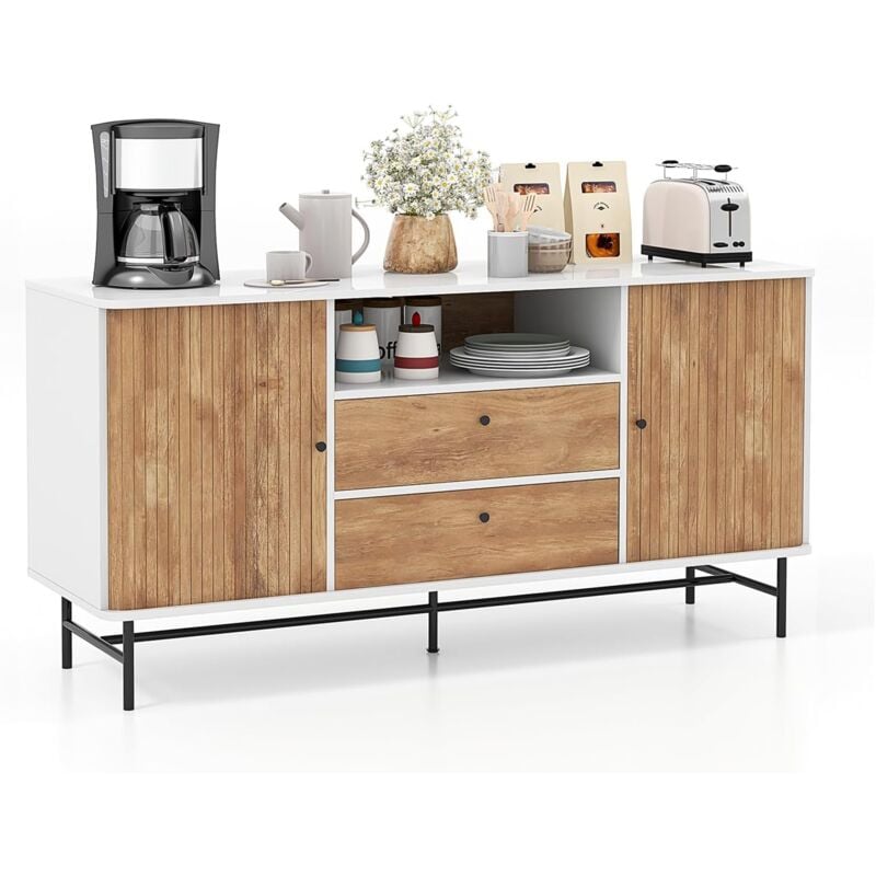 foto del prodotto costway mobile credenza, mobile tv con ante scorrevoli e 2 cassetti, mobile da salotto con foro per cavi, mobiletto multiuso per cucina, sala da