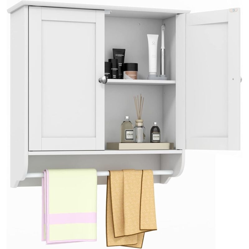 foto del prodotto costway mobile da bagno sospeso, armadietto da parete con 2 ante barra porta asciugamani e ripiano regolabile, salvaspazio stile moderno, 60 x 21 x