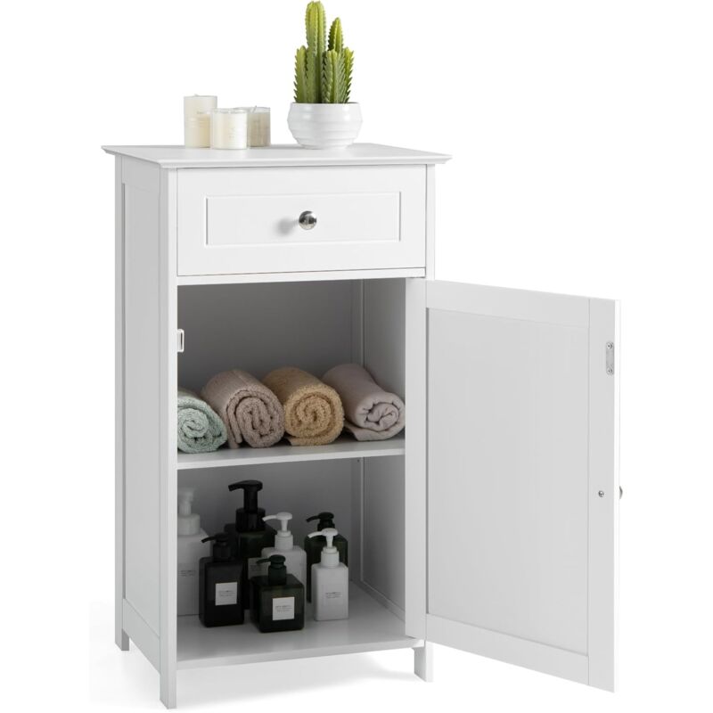 foto del prodotto costway mobile da pavimento per bagno, armadio da bagno con ripiano regolabile in 3 posizioni cassetto, mobile multifunzionale per bagno soggiorno